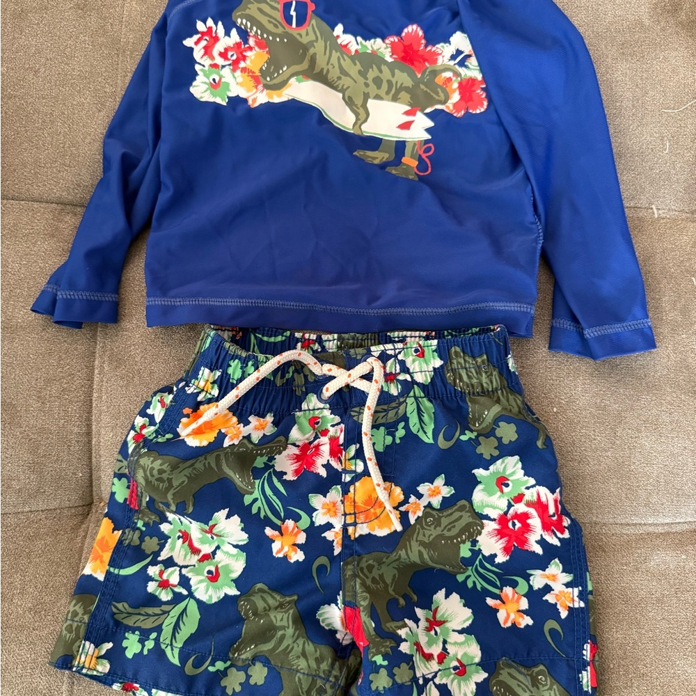 GAP Blue Dinosaur Floral Swim Trunks with Matching Rash Guard 12-18 months